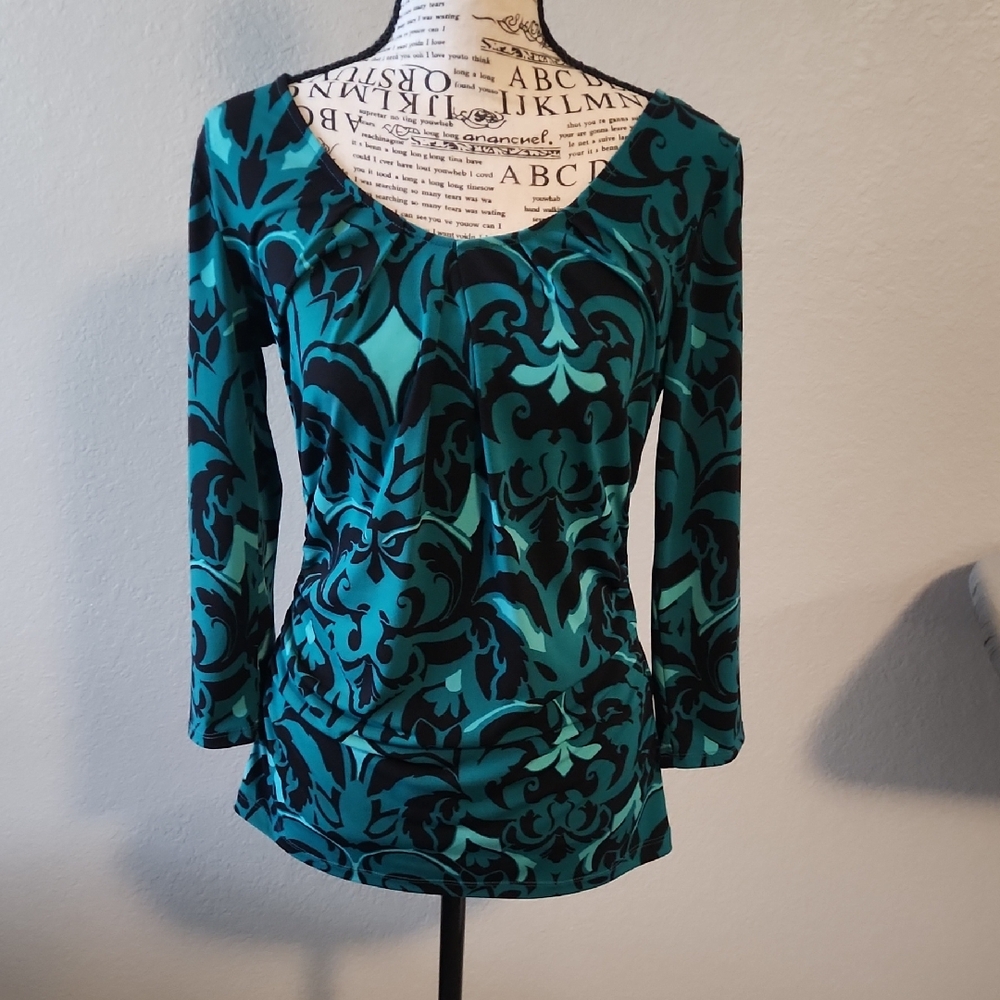 New York & Company Teal and Black Patterned Blouse